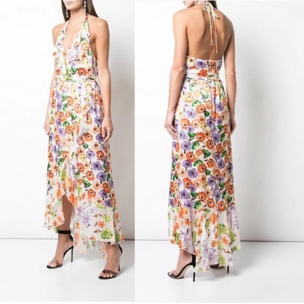 Alice + Olivia Evelia Ruffled Floral High Low Asymmetrical Maxi Dress Size 10 - Picture 2 of 13